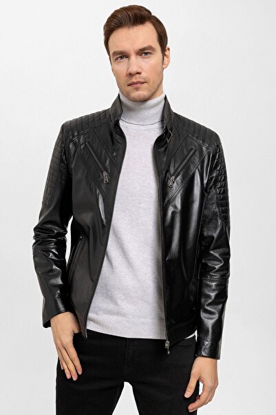 Deriderim Black Clan Shoulders Stitched Men's Genuine Leather Coat