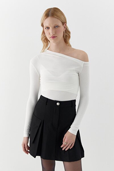 MARKALİSTE Boat Neck Off-Shoulder Blouse Ecru