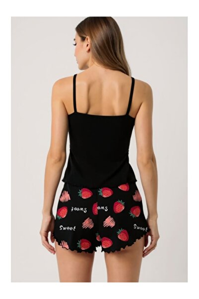 Cicişim Black Strappy Strawberry Patterned Shorts Pajama Set