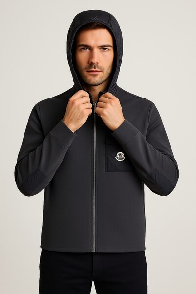 YusGos Men's Back and Arm Knitted and Arm Patched Raincoat Hooded High Quality Coat Coat Anthracite