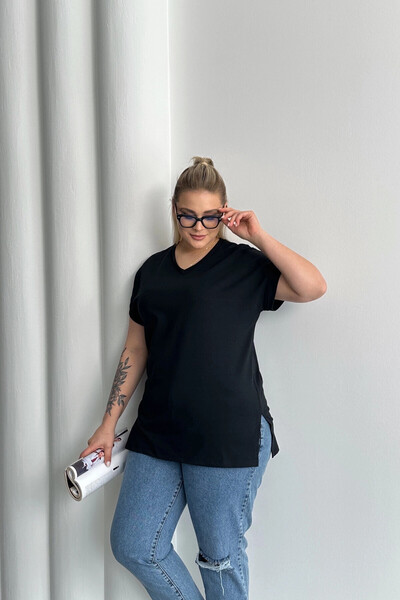 uniq store Large Size Short Sleeve V-Neck Basic T-Shirt with Side Slits Rft-02