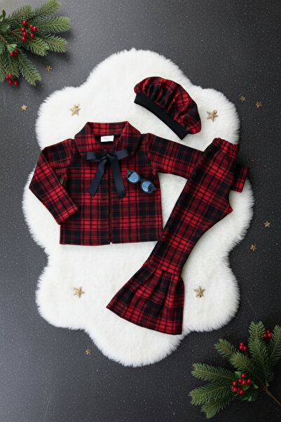 Parla Kids Girl's Red Lisbon Jacquard Plaid Jacket Trousers Cap Bottom Top Christmas Set