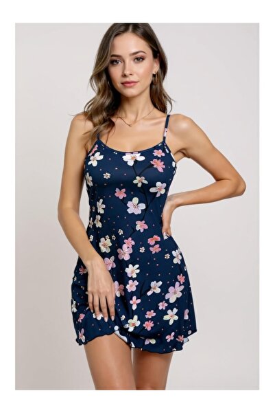 Cicişim Cămașă de noapte cu design elegant, cu model floral și bretele albastre