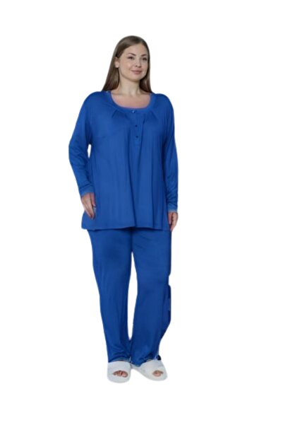 LİMİSSİ Viskon Büyük Beden Mavi Pijama Takımı %100 Pamuk MAVİ 3XL