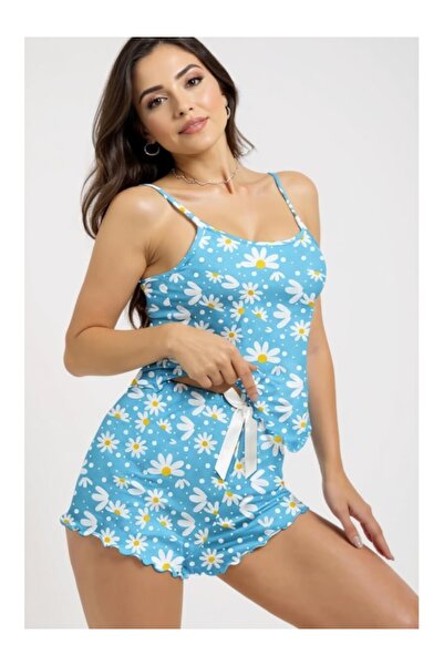 Cicişim Синій піжамний комплект з шортами з принтом маргариток