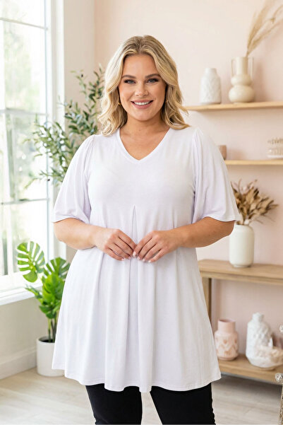 Stil Diva Plus Size V-Neck Patternless Asymmetrical Cutout Lycra Blouse Mdl-2