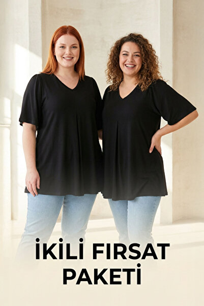 Stil Diva Plus Size Double Pack V Neck Patternless Asymmetric Cut Lycra Blouse 320315X2