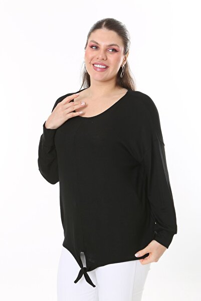 Şans Γυναικεία Plus Size Μαύρη Μπροστινή Γραβάτα Μακρυμάνικη Μπλούζα 65N37695