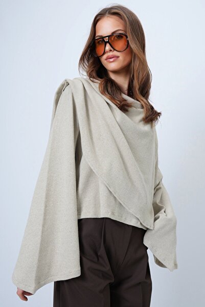 VAGGON ALAÇATI STİLİ Kadın Taş Atkı Detaylı Geniş Kollu Bluz Vs01389