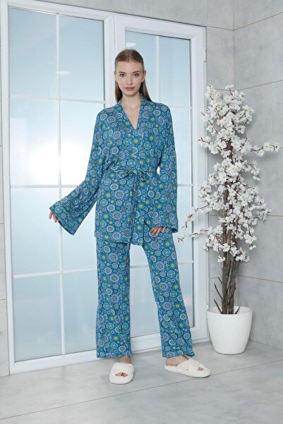 LİMİSSİ Viskon Desenli Mavi 3'lü Pijama Takımı %100 Pamuk MAVİ 2XL