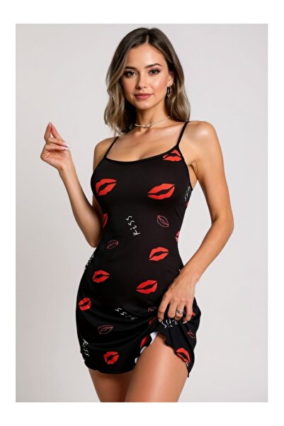 Cicişim Cămașă de noapte cu design elegant, cu tema dragostei și bretele negre