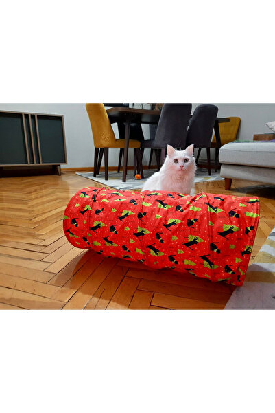 Miyav Red Patterned Cat Play Tunnel, Foldable Cat Tunnel