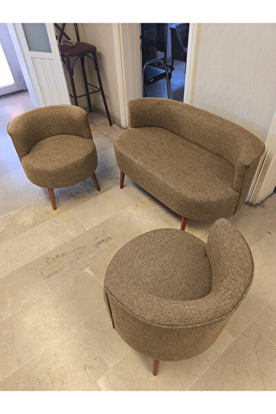 Azra Mobilya Sydney Çay Seti Koltuk Takımı Keten Kumaş 2+1+1 | Ceviz Ayak | M...