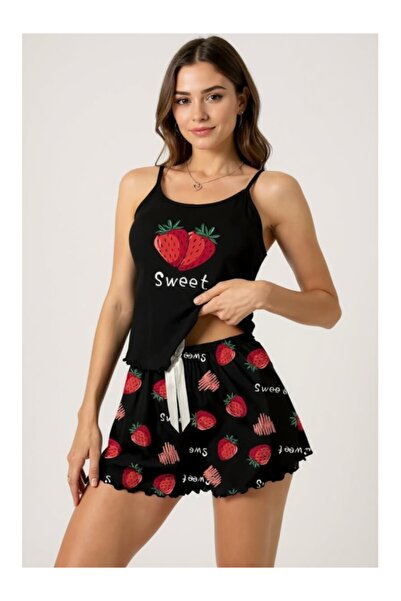 Cicişim Black Strappy Strawberry Patterned Shorts Pajama Set
