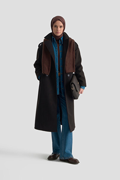 Armine Trend Buttoned Belted Shoulder Epaulettes Lined Thick Coat