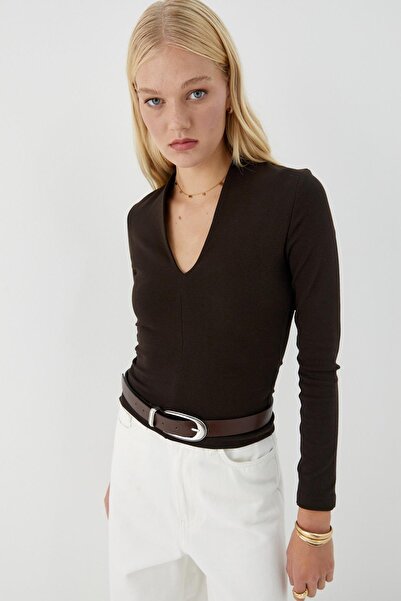 MARKALİSTE V-Neck Long Sleeve Bodysuit Bitter Brown