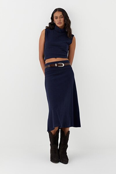 MARKALİSTE Tricotaj Aspect din material subțire Fusta Albastru Marin
