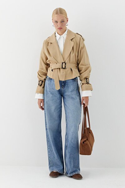 MARKALİSTE Κοντή καμπαρντίνα με ζώνη μπεζ