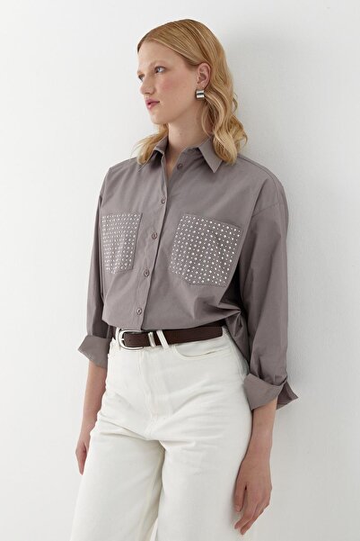MARKALİSTE Pocket Detailed Shirt with Stone Detail Gray