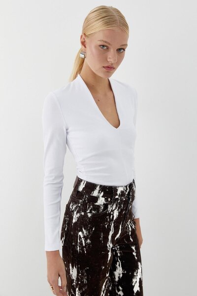 MARKALİSTE Μακρυμάνικο κορμάκι με λαιμόκοψη σε σχήμα V λευκό