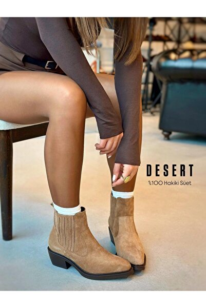 Zuum Desert % 100 Hakiki Deri & Süet Topuklu Kadın Bot - Camel Süet