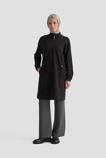 Armine Mock Neck Basic Lycra Tunic with Ribbed Sleeves and Zipper