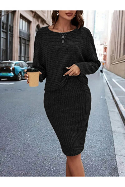 Butik Women's Long Sleeve Two Side Open Neck Detail Blouse and Skirt Hooded Camisole Double Suit