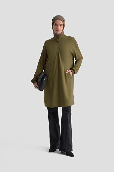 Armine Mock Neck Basic Lycra Tunic with Ribbed Sleeves and Zipper