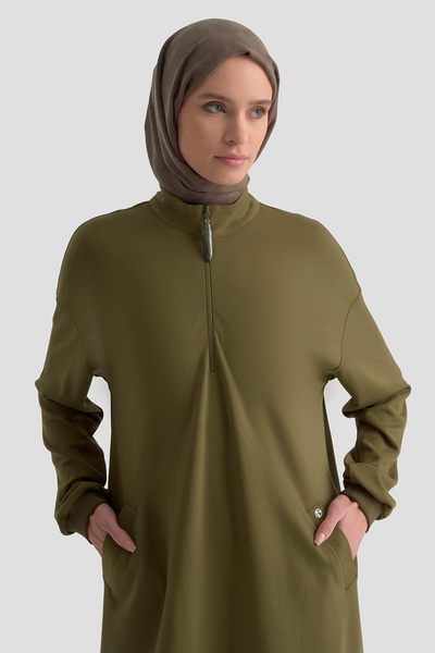 Armine Mock Neck Basic Lycra Tunic with Ribbed Sleeves and Zipper