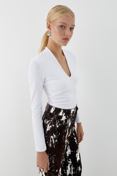 MARKALİSTE Μακρυμάνικο κορμάκι με λαιμόκοψη σε σχήμα V λευκό