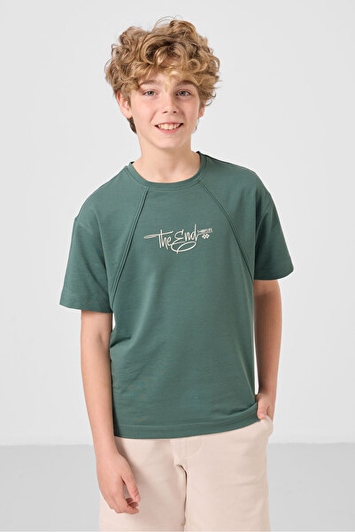 TOMMY LIFE Ανοιχτό πράσινο βαμβακερό μαλακό ανάγλυφο μπλουζάκι για αγόρι με σ...