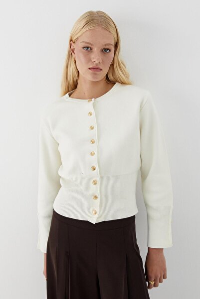 MARKALİSTE Premium Ribbed Detailed Knitwear Cardigan Ecru