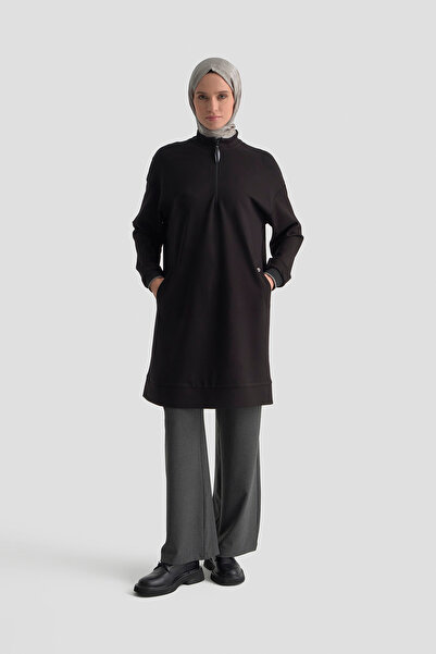 Armine Mock Neck Basic Lycra Tunic with Ribbed Sleeves and Zipper