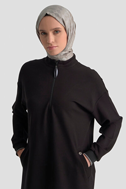 Armine Mock Neck Basic Lycra Tunic with Ribbed Sleeves and Zipper