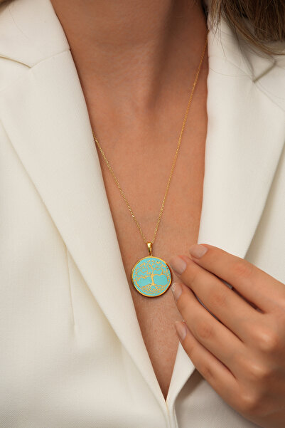 AİCHA JEWELLERY 925 Ayar Gümüş 18K Altın Kaplama Yaşam Ağacı Kolye – Turkuaz ...