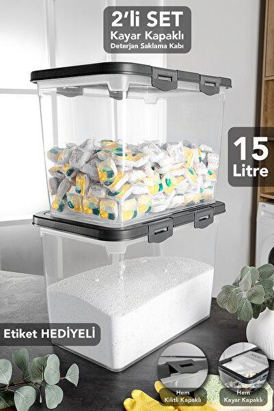 Meleni Home 2'li Etiketli Deterjan Saklama Kutusu - 15 Lt Sürgülü Kilitli Kapak Tablet Toz Deterjan Kabı Gri