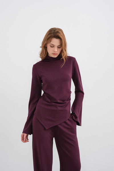 Basicpark Plum Women's Soft Textured Premium Modal Turtleneck Asymmetric Cut Bottom-Top Set