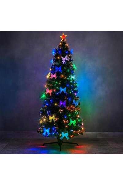 PROCART Artificial tree with fiber optics and ribbons, 180 cm, star, multicolor lights, metal stand