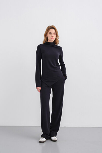 Basicpark Dark Navy Women's Soft Textured Premium Modal Turtleneck Asymmetric Cut Bottom-Top Set