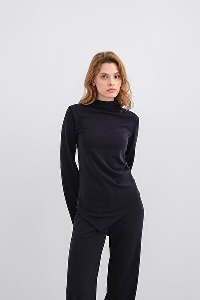 Basicpark Dark Navy Women's Soft Textured Premium Modal Turtleneck Asymmetric Cut Bottom-Top Set