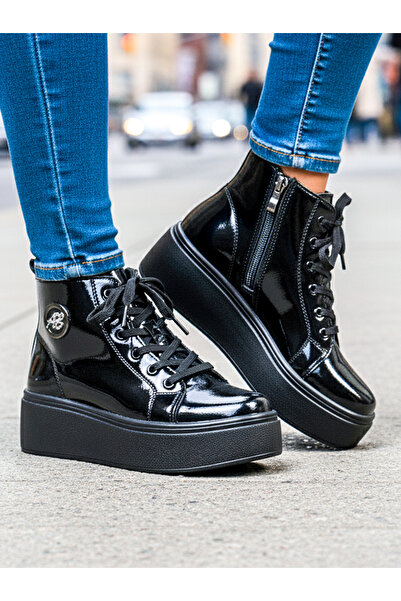 starlike Ghete dama din piele naturala lacuita negre T7022