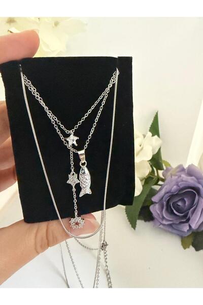 DGK COLLECTİON Silver Color 3-Piece Steel Necklace. Flat Chain 60 cm Other 2 Are Adjustable in Size 🐟