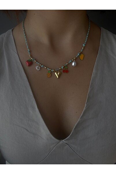 DGK COLLECTİON 14K gold renk,yaz kolyesi,incili boncuklu aşklı taşlı zincirle...