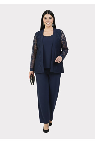 LİLAS XXL Büyük Beden Lacivert Renkli Dantel Ceketli Abiye Pantolon Bluz Takım