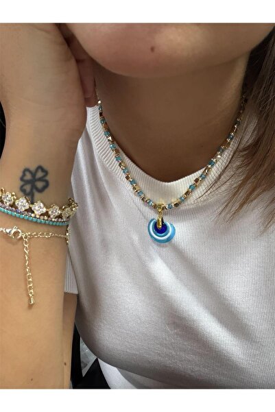 DGK COLLECTİON 14K gold renk çelik ve mavi boncuklu, koruyucu, tasarım kolye 🧿
