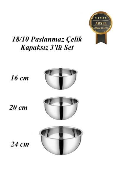 Demir Çeyiz 304 Stainless Steel 3-Piece Whisk & Mixing Bowl Set – 18/10, Deep...