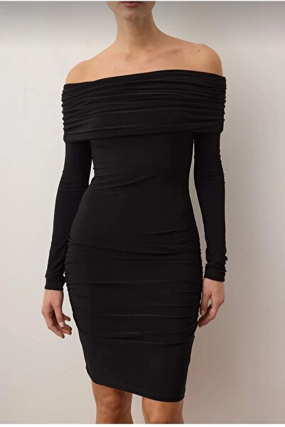 morche kadın Açık Omuzları açık uzun kollu vücudu saran MADONNA yakalı mini b...