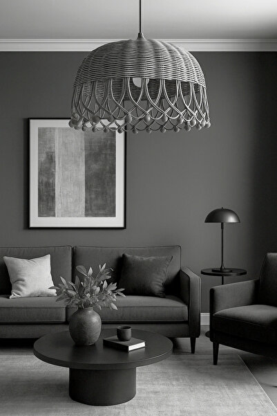 Turkish Belkıs Rattan Rattan Bambu Hasır Sarkıt Gri Antrasit Avize 35 Cm