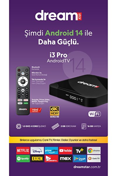 Dreamstar i3 Pro | Android TV Box | Android 14 | Sesli Komut Desteği | 6K Ultra HD | WiFi | HDMI Kablo Hediye