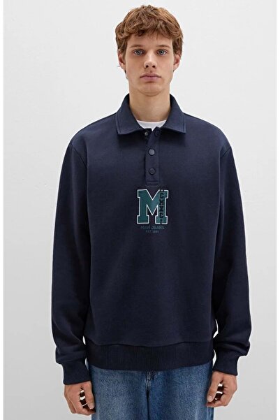 Mavi 0S10494-70490 m Logo Printed Half Button Collar Sweatshirt Dark Blue